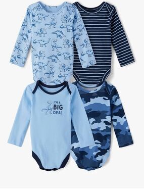 Baby Long-Sleeve One-Piece Set in Light & Navy Blue - 4 Pack